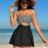 Fashion Striped Print Solid Skirt Cross Strap Backless Bikini Swimsuit For Beach