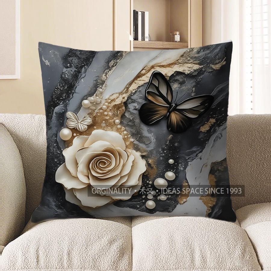 Home Decor Marble Pattern With Rose & Butterfly Pillow Pattern Cushion Cover Suitable For Sofa Bedroom Car Pillow Cover 40x40cm