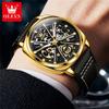OLEVS 6685 OEM Custom Logo Relogio Luxuriös Skelett Durchbrochen Luminous Sport Echtsleder Automatisch Mechanische Uhr für Mann