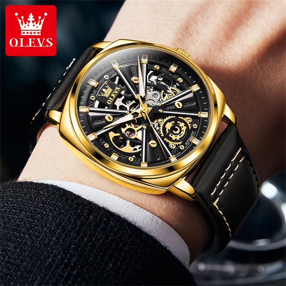 OLEVS 6685 OEM Custom Logo Relogio Luxuriös Skelett Durchbrochen Luminous Sport Echtsleder Automatisch Mechanische Uhr für Mann