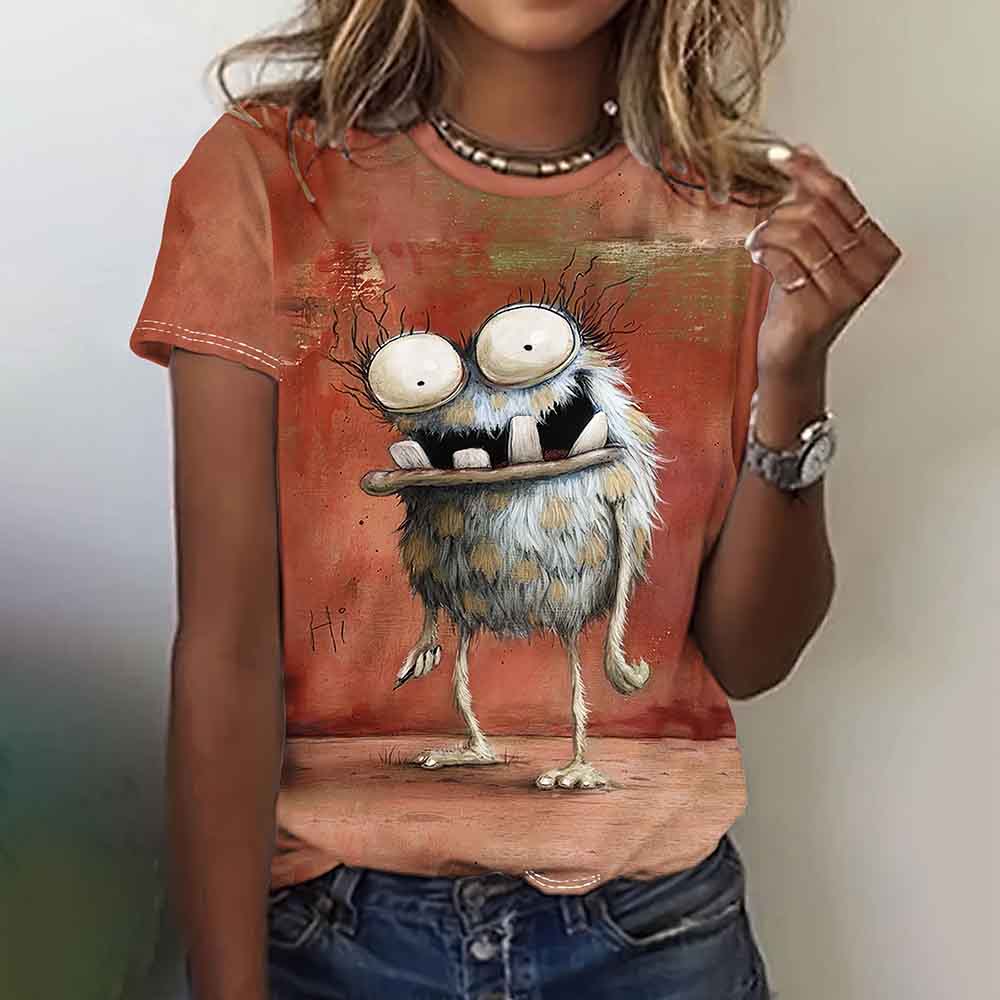 2024 New Cartoon Monster Pattern Women T-Shirts Short Sleeve Crew Neck Oversize Tshirt Summer Outdoor Tee Funny Tops Clothing