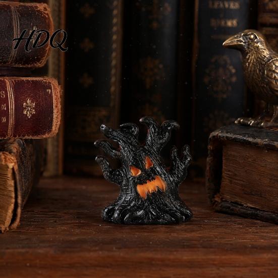 Three-dimensional Halloween Ornament Decoration, Ghost Face Tree Stump Lantern, LED Resin Spooky Decor Glowing Pumpkin Decor, Festival Atmosphere