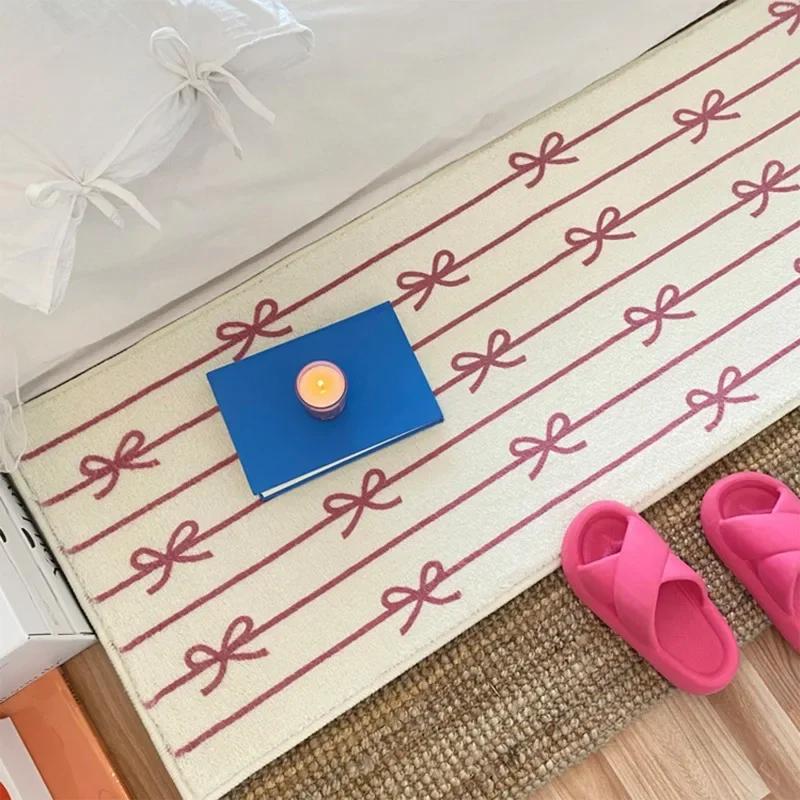Bedroom Bedside Floor Mat Soft Fluffy Carpet Blue Stripes Long Carpets Bow Cute Home Decoration Rug Alfombra Del Dormitorio
