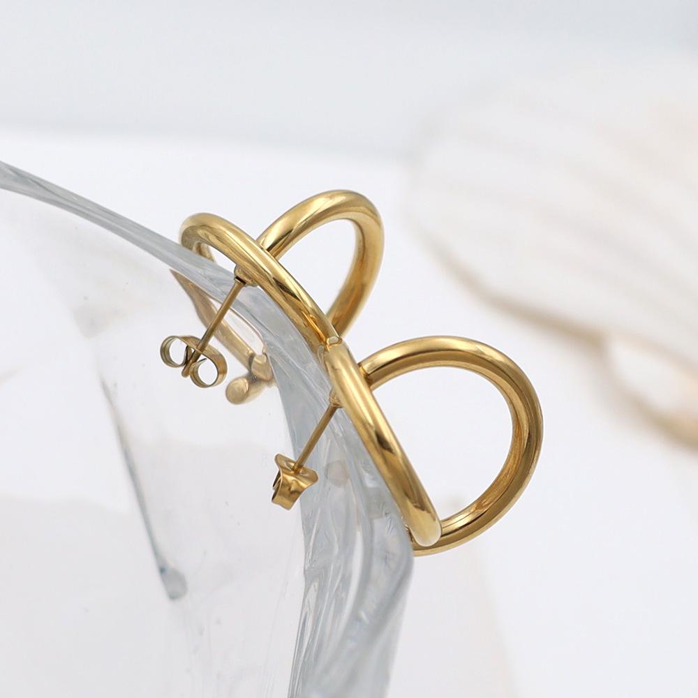 French Simple Geometric Round Line Cross Earrings Women'S 18K Titanium Steel Double Ring Stacked Stud Earrings Do Not Fade