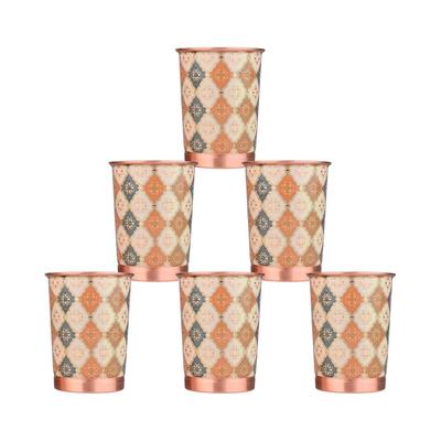 Copper Printed Design Water Glass with Rust Proof Protection for Home and Office Use Ayurveda and Yoga Health Benefits Glass Set of 6 (Royal Gold)