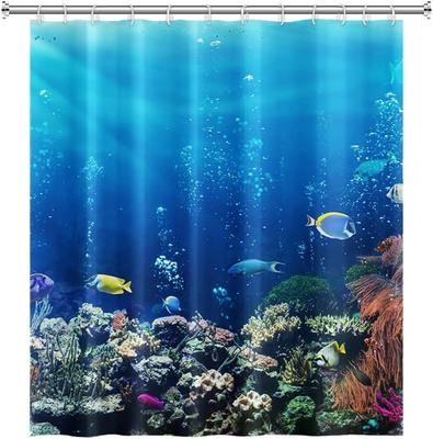 Tropical Ocean Fish Marine Animal Coral Reef Shower Curtain Summer Blue Sea Bathroom Decoration Shower Curtain with Hook