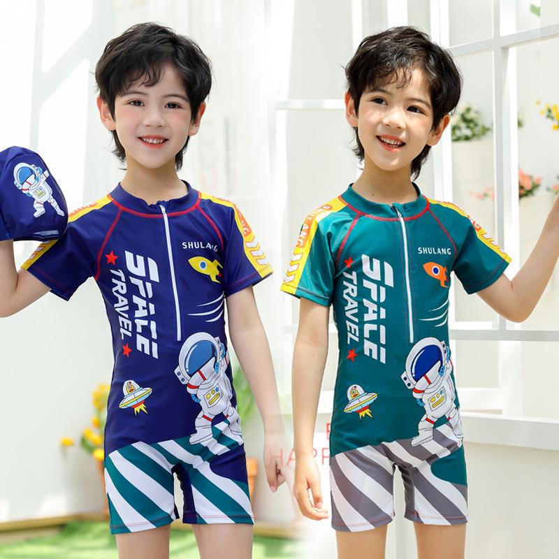 

Kids Quick-Dry Sunscreen Swimsuit: Boys One-Piece with Hood (S, M, L) L