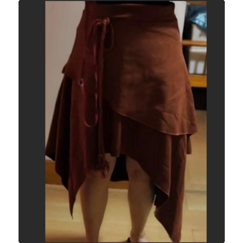 Women's Faux Suede Skirt Boho High Waist Irregular Handkerchief Hem Tie Front Tassel Mid Calf Length Western Style