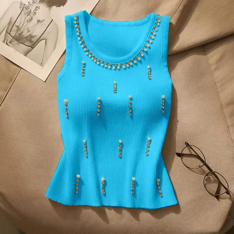 WTEMPO Spring Summer Large Size Solid Color Casual Kniited Camisole Vests Women's Autumn Versatile O-Neck Sleeveless Pearls Tank Tops