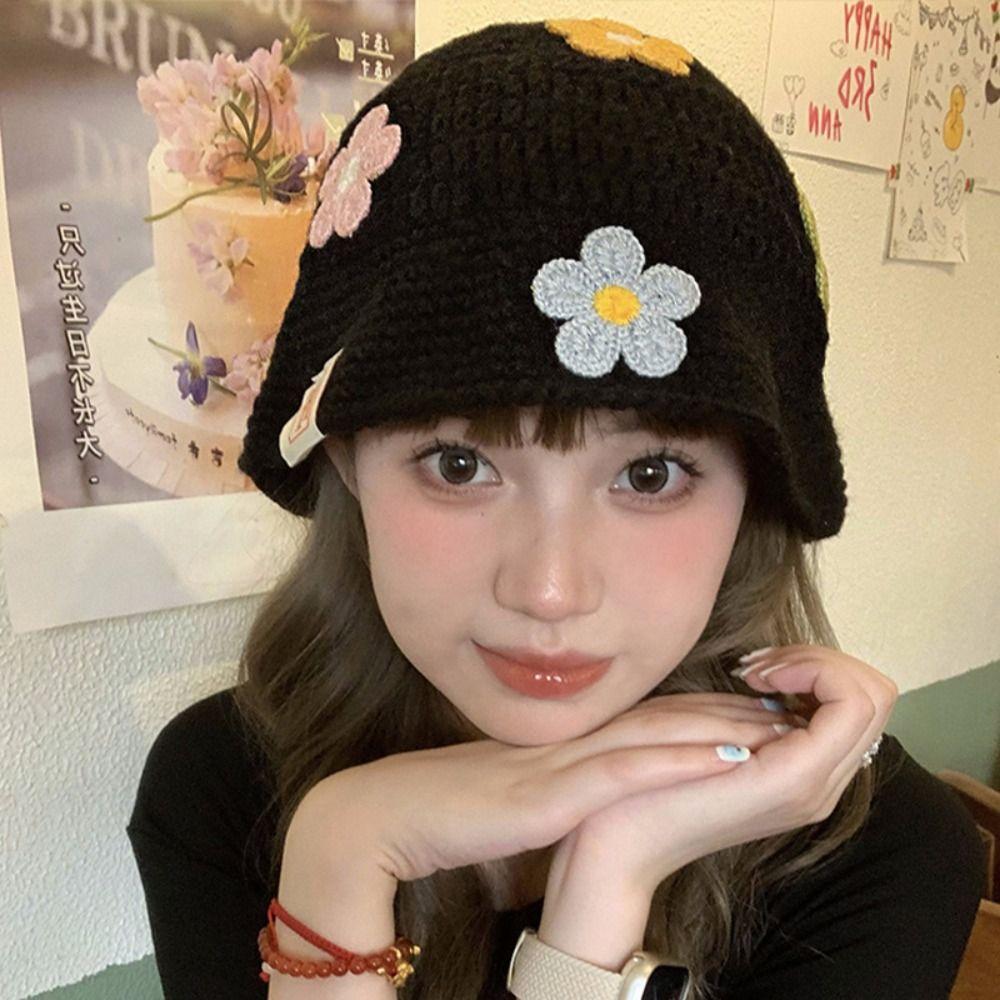 Korean Style Beanies Hat Handmade Bucket Hat Casual Flower Knitted Hat  Outdoor