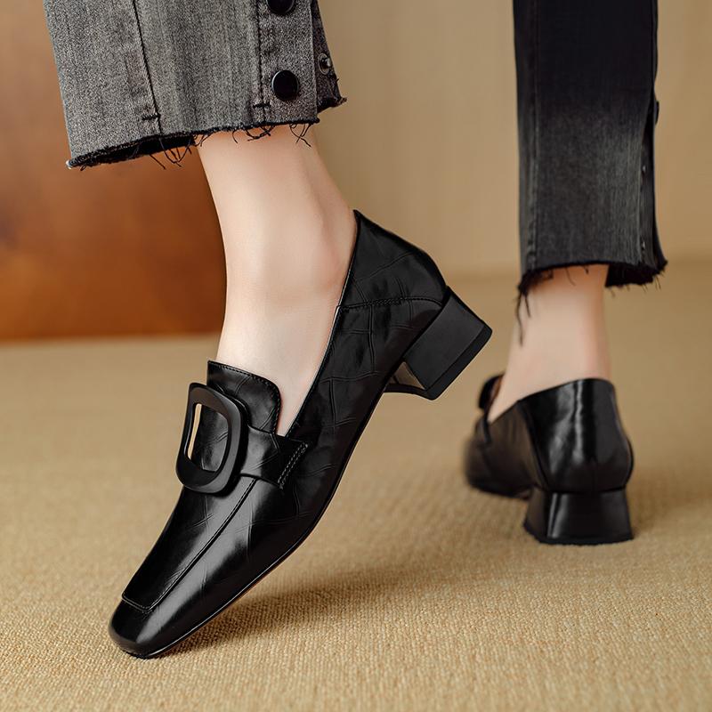 Moda 2024 Wiosna Damskie Mokasyny Kwadratowy Nosek Gruby Obcas Damskie Buty Buty Damskie ze Skóry Naturalnej Retro Kwadratowy Guzik Damskie Czółenka