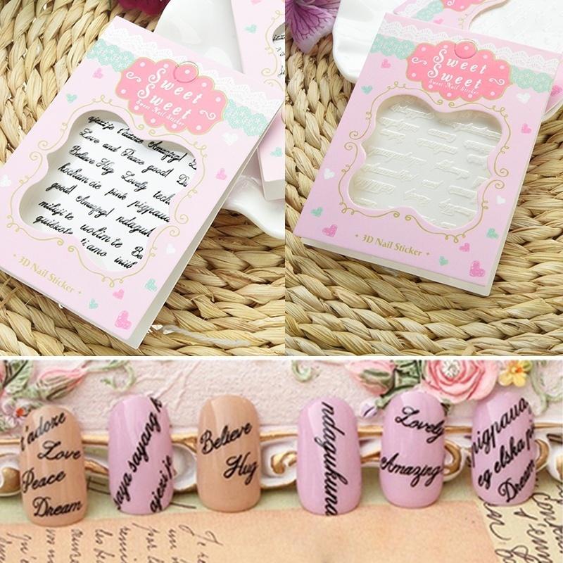 1PC Black White Handwritten Word Pattern 3D Acrylic Nail Art Tips Stickers DIY Decal Wraps Manicure