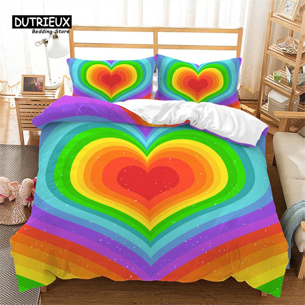 Rainbow Heart Duvet Cover King Size Multicolor Pride Bedding Set Microfiber For Boys Girls Room Decor Special Day Culture