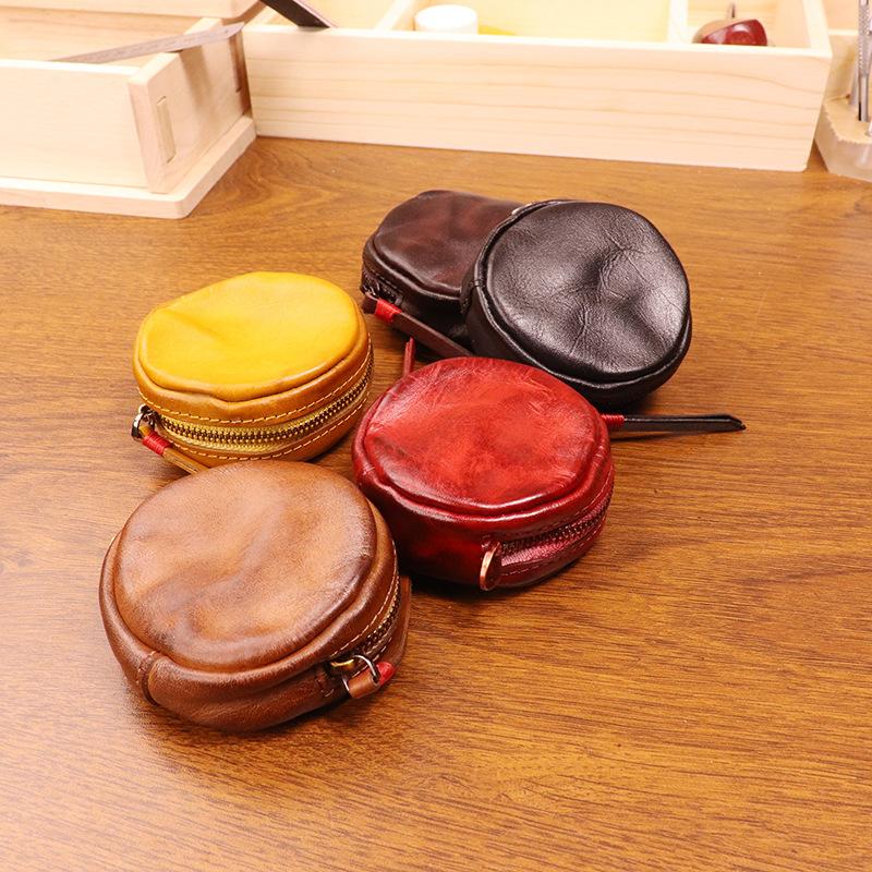 Vegetable Tanned Cowhide Coin Purse, Vintage Handmade Color Polishing, Vintage Round Personalized Coin Bag, Headphone Bag, Compact for Women