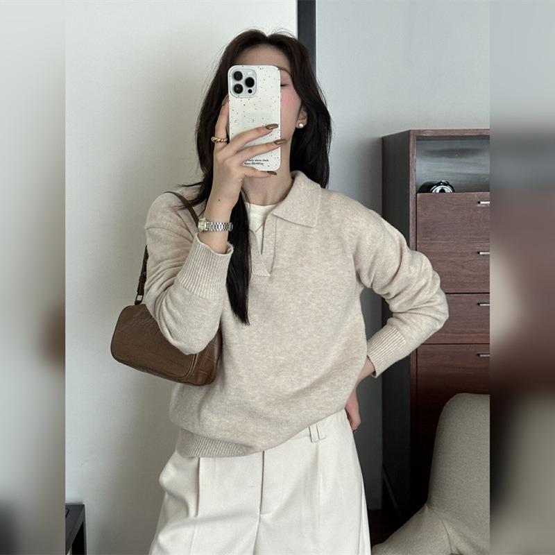 Black polo neck long-sleeved knitted sweater for women's autumn and winter lazy style loose casual v-neck sweater top