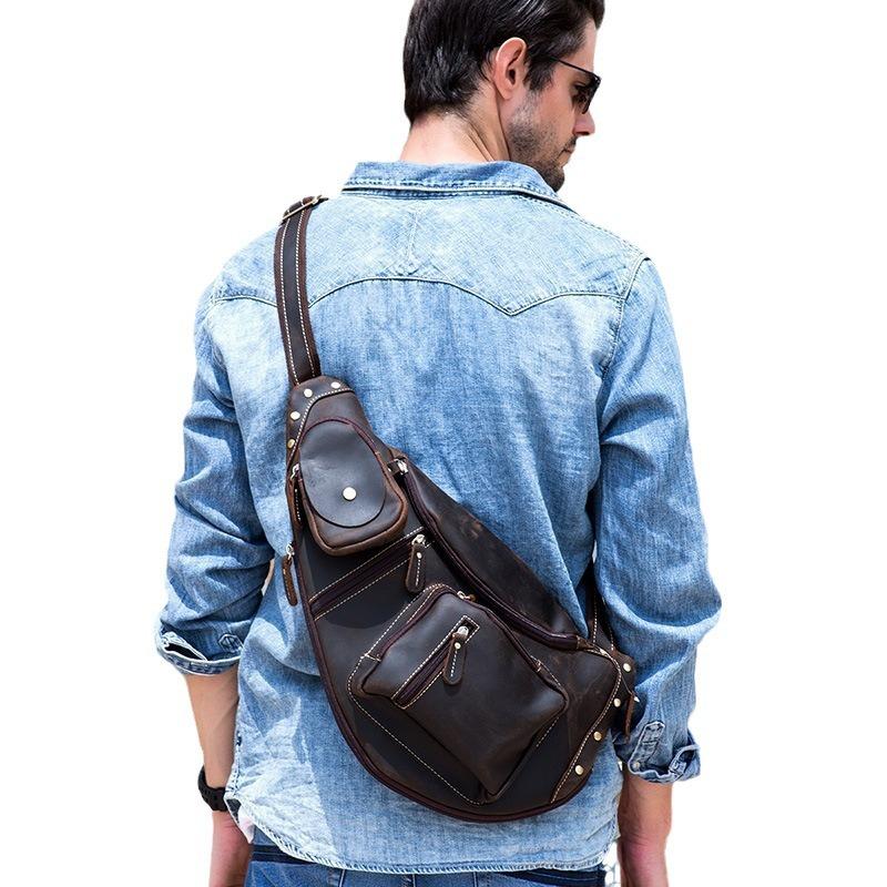 Wind Retro Men'S Breast Bag, Crazy Horse Leather Men'S Oblique Span Bag, Genuine Leather Casual Outdoor Travel Bag, Shoulder Bag.