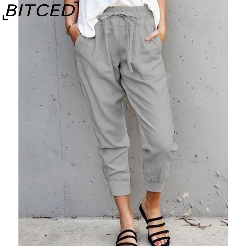 

BITCED Летние женские свободные брюки большого размера однотонные простые на шнуровке прилегающие повседневные брюки-капри XXXL светло-серый