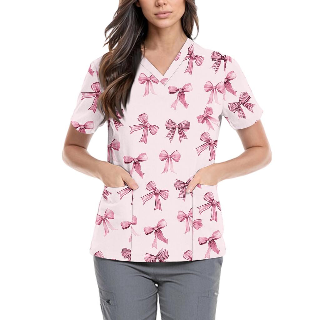 Women's Cute Bow Printed Work Clothes V-neck Double Layer Pockets Basic Short Sleeve Top Pullover