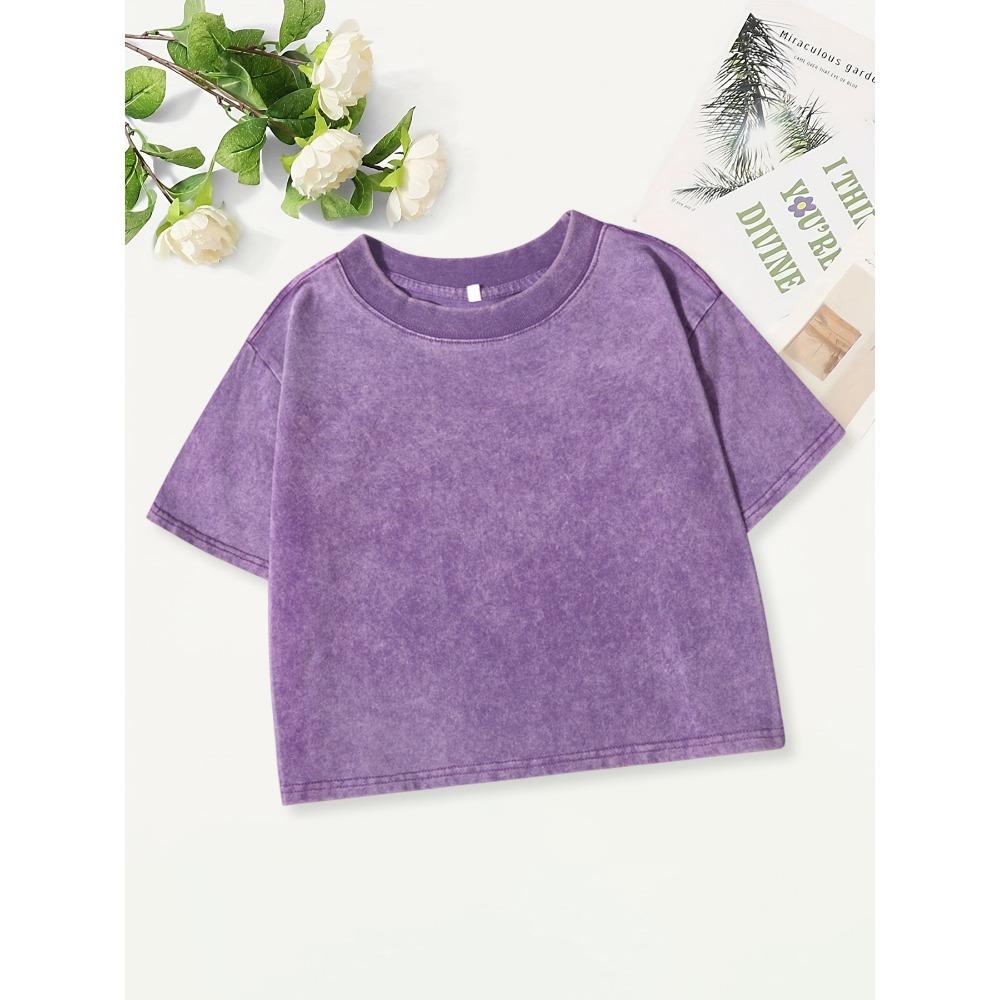 

Летние однотонные хлопковые выстиранные футболки для женщин, свободные кроп-топы с круглым вырезом, уличная женская одежда, футболки с коротким рукавом M