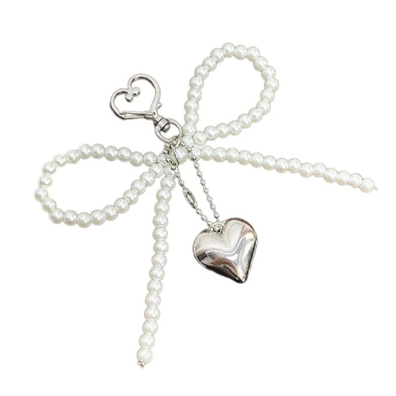 Pearl Decoration For Bags airpods Phones Strap Lanyard Delicate Beaded Key Chain Bow Shaped Keyring Heart Keychain Ornament