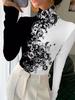 Elegant floral print qipao collar T-shirt, suitable for women—long sleeves, machine washable—perfect for autumn and winter, high neck design