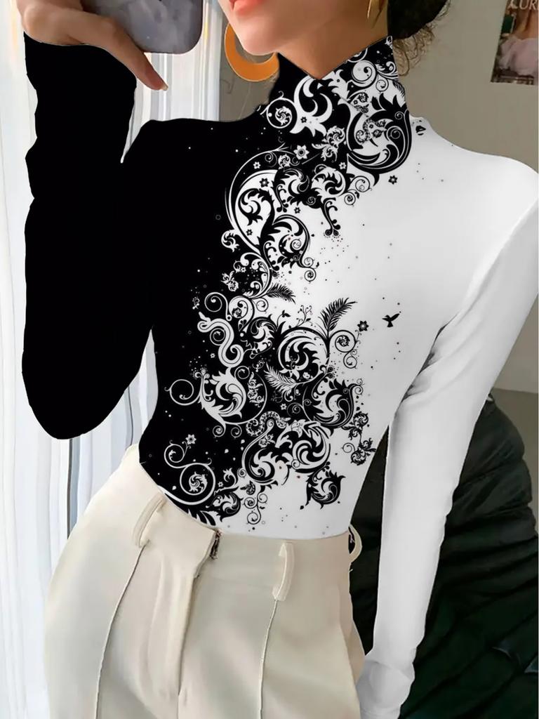 Elegant floral print qipao collar T-shirt, suitable for women—long sleeves, machine washable—perfect for autumn and winter, high neck design