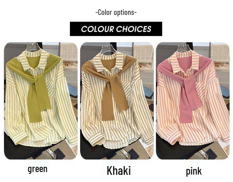 Women's Striped Patchwork Shawl Shirt - Loose, Long Sleeve, Early Spring 2026 Arrival