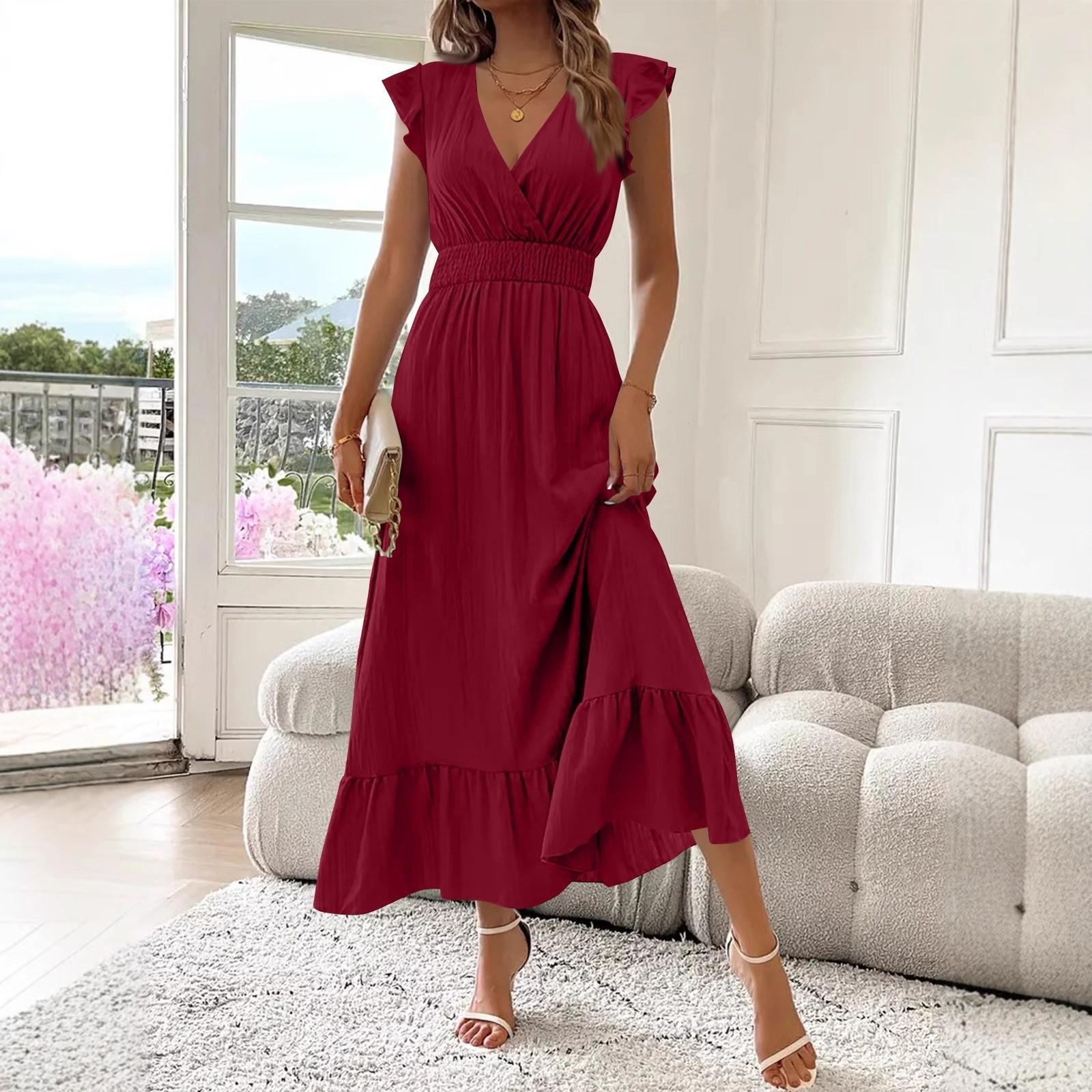 

Женское повседневное модное платье А-силуэта с высокой талией, V-образным вырезом и рукавами-оборками Рукава-оборки XL красный