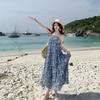 Fresh Holiday Style Blue and White Print Tube Top Suspender Skirt Women's Summer Travel Photography A-shaped Pendulum Dress