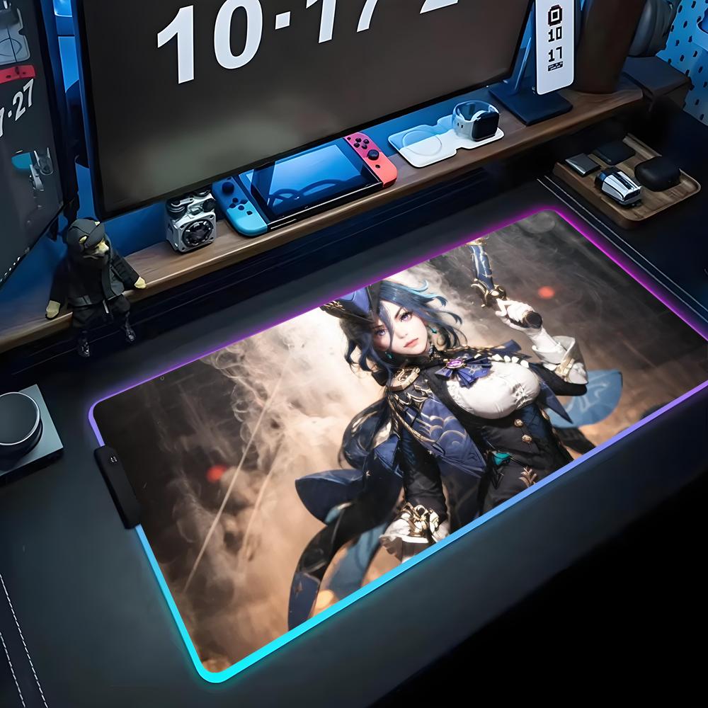 Clorinde Mouse Pad RGB Gaming Mousepad Big LED Pad PC Desk Mat Luminous Mouse Pad Large Keyboard Mats Table Rug With Backlit