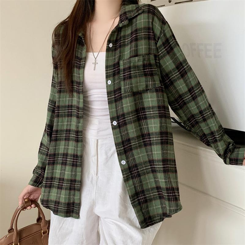 1116 New Spring and Autumn Design Plaid Shirt Jacket Women's New Loose Casual Meat Cover Medium and Long Shirt