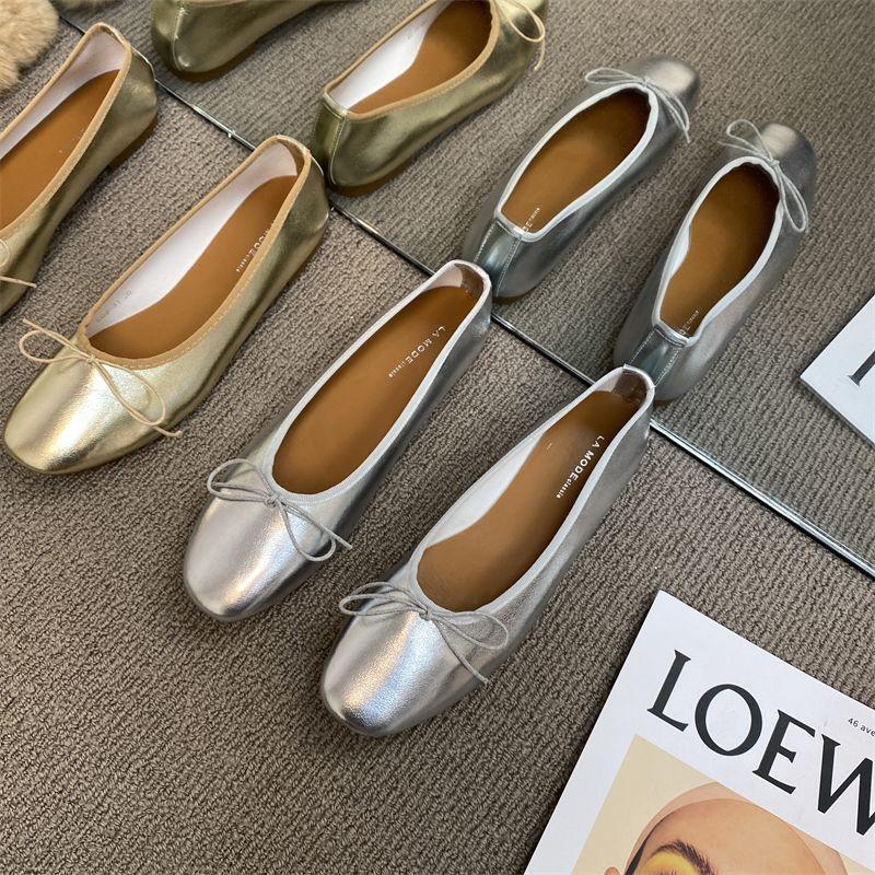 2025 Spring and Autumn New Bow Ballet Metal Silver Single Shoes Light Mouth Flat Bottom Granny Shoes Women