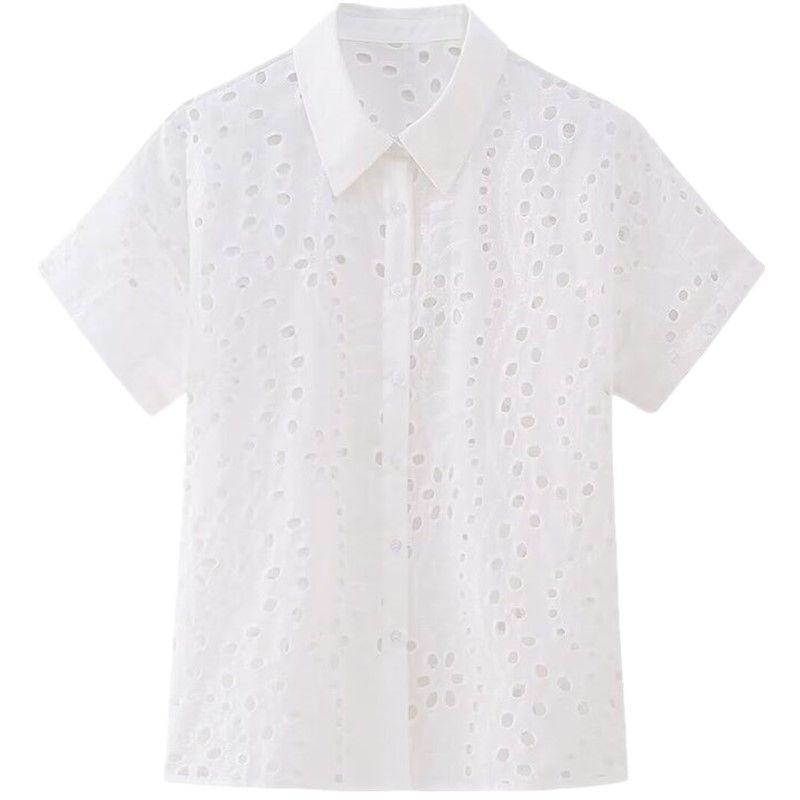 

Fashion Style 2024 Summer New Arrival Women s Clothing Stylish Silm Short All-Match Short Sleeve Cut Out Embroider Shirt White L
