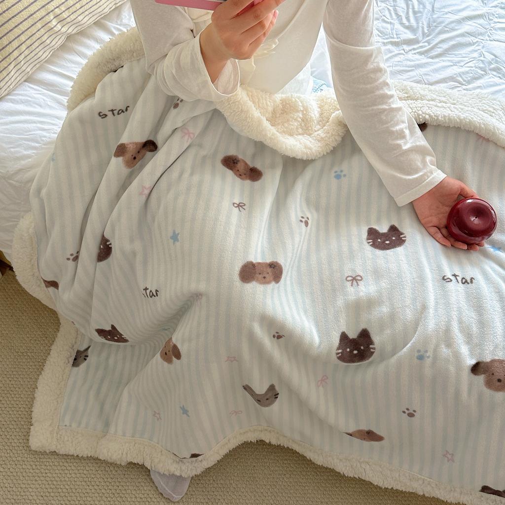 Cartoon Puppy Faux Lambs Wool Blanket Double Layer Thick Warm Fleece Throw Blanket for Sofa Bed Spring Autumn Soft Plush Blanket