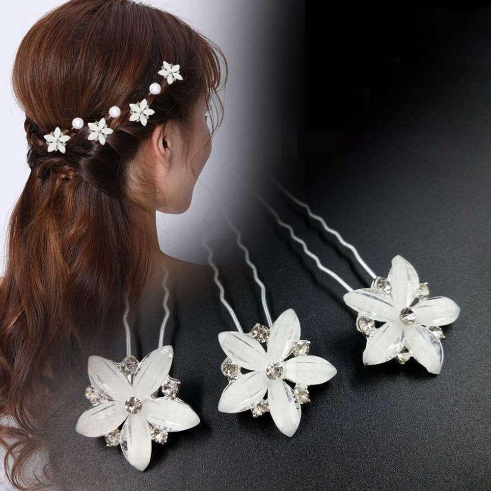 5Pcs Fashion Bridal U-shaped Rhinestone Pearl Flower Hairpin Metal Hair Barrette Rhinestone Hair Clip Crystal Flower Hair Fork