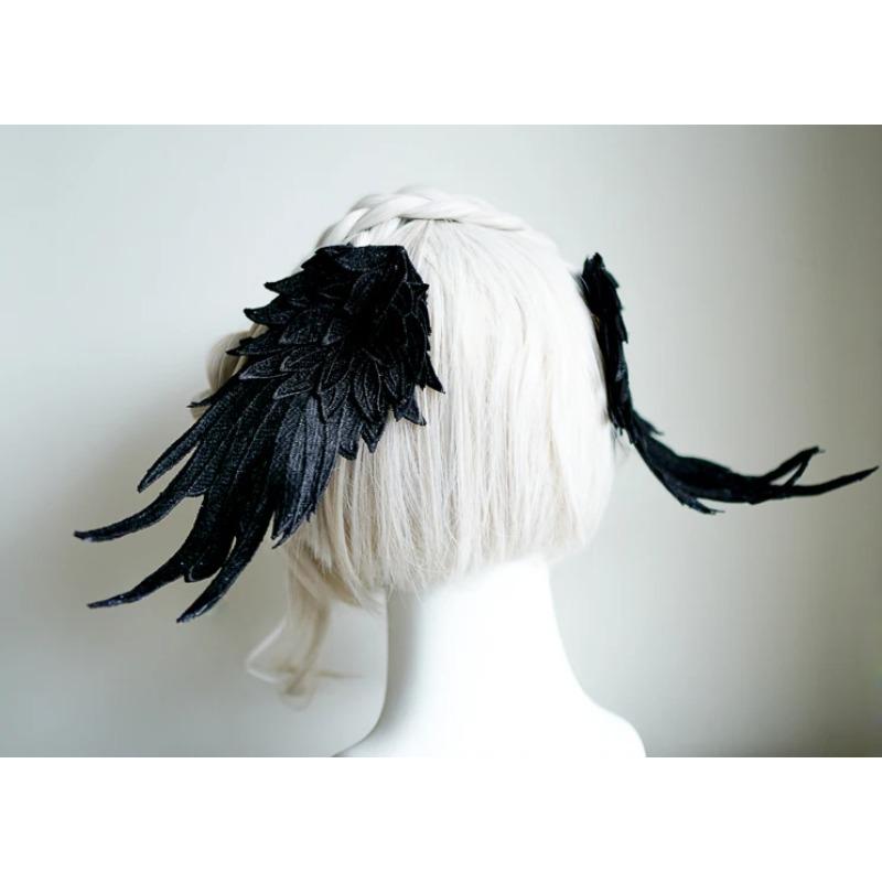 Handmade Cosplay Gothic Lolita Angel Wings Hairpin Demon Headdress Harajuku Horns Embroidery Feather Hair Clip Anime Accessories