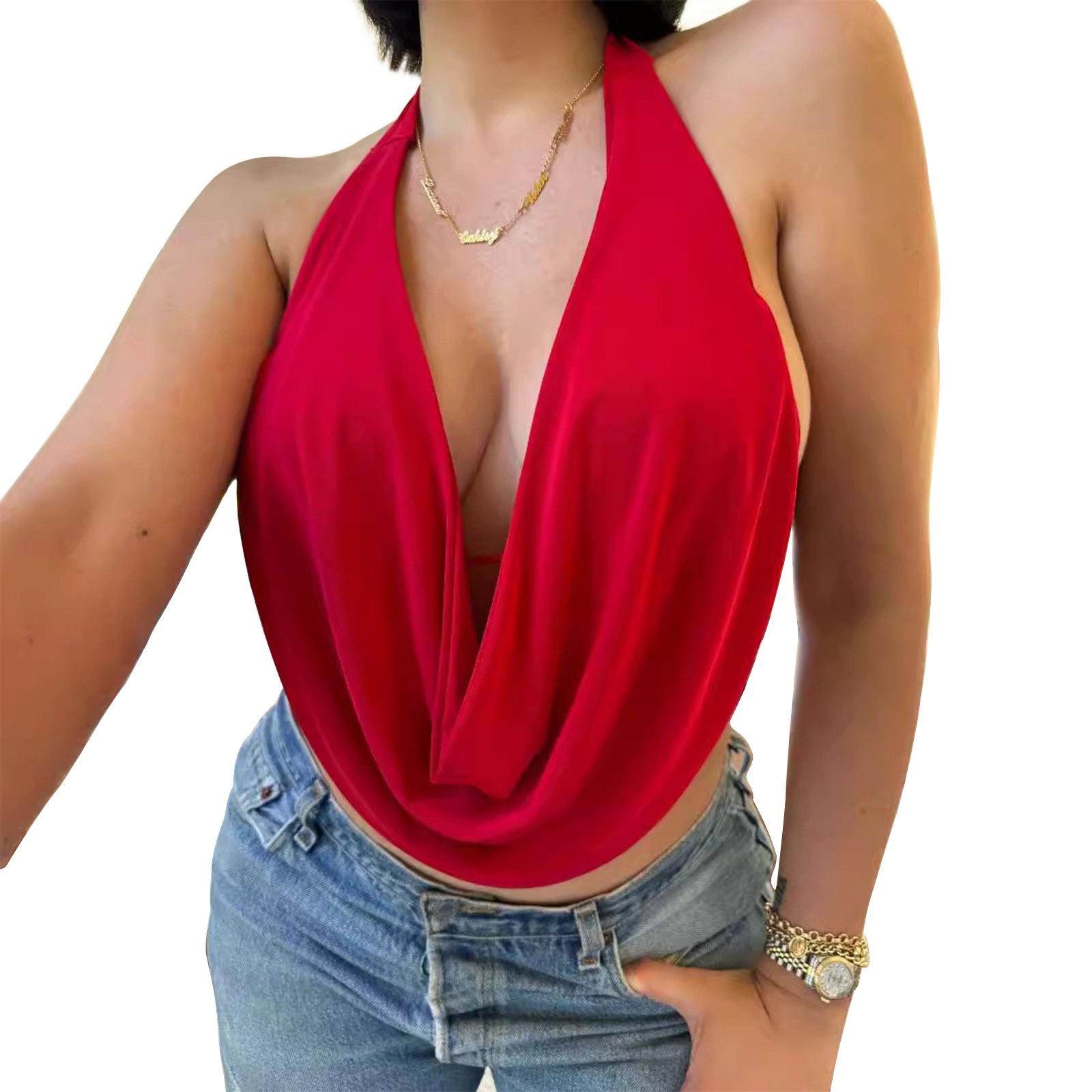 2025 New Women s Solid Color Halter Deep V Backless Sexy Top Small красный