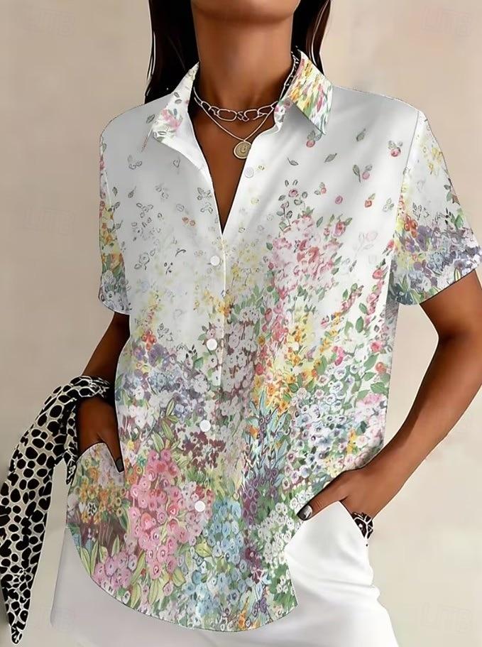 Women's Spring Summer 3D Printed Collared Shirt, White Gradient Watercolor Mixed Wildflower Pastoral Blouse
