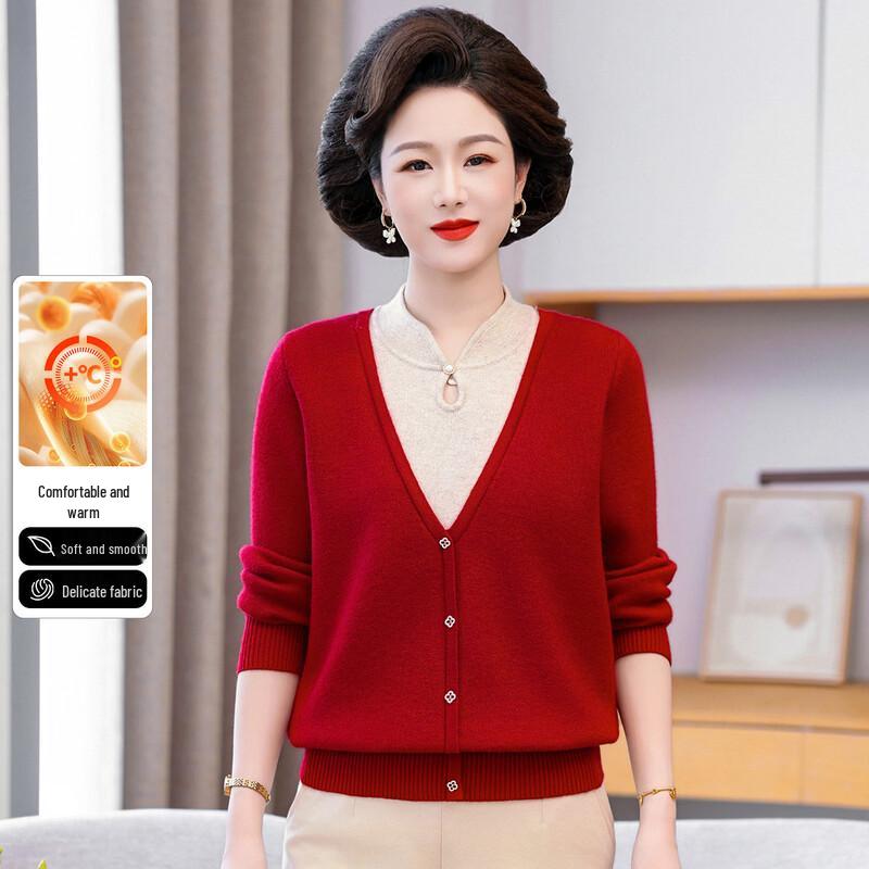 SNOWFLYING Faux Two-Piece Plush-Lined Sweater for Middle-Aged Women XL