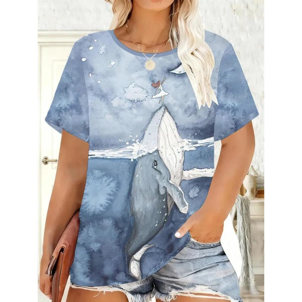 Ocean Theme 3D Printed Short Sleeved T-shirt Fashionable Comfortable Soft Breathable Large Loose Summer Womens T-shirt