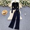 Autumn Elegant Slim Two Pieces Sets Women Metal Buckle O-Neck Sweater High Waist Wide Leg Pants Knitted Sets