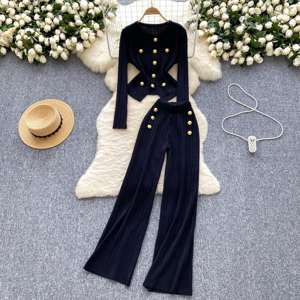 Autumn Elegant Slim Two Pieces Sets Women Metal Buckle O-Neck Sweater High Waist Wide Leg Pants Knitted Sets
