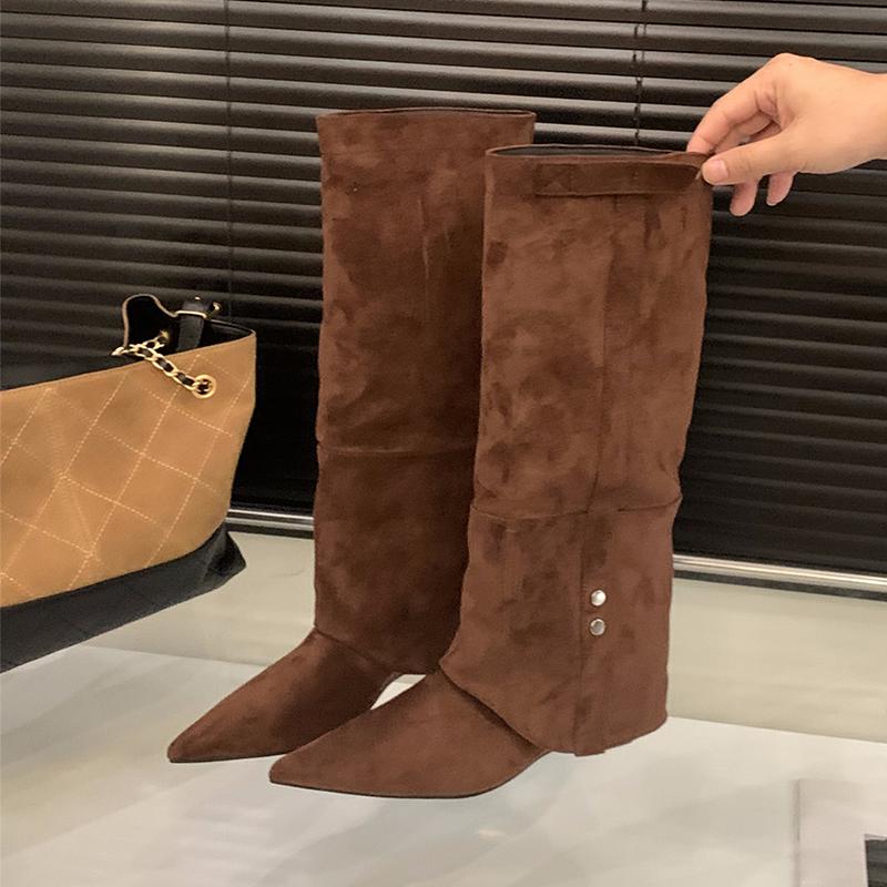 

Женские длинные сапоги на плоской подошве с острым носком, замшевые дизайнерские туфли, модные женские зимние боты, новые платья, роскошные женские ботинки челси 43