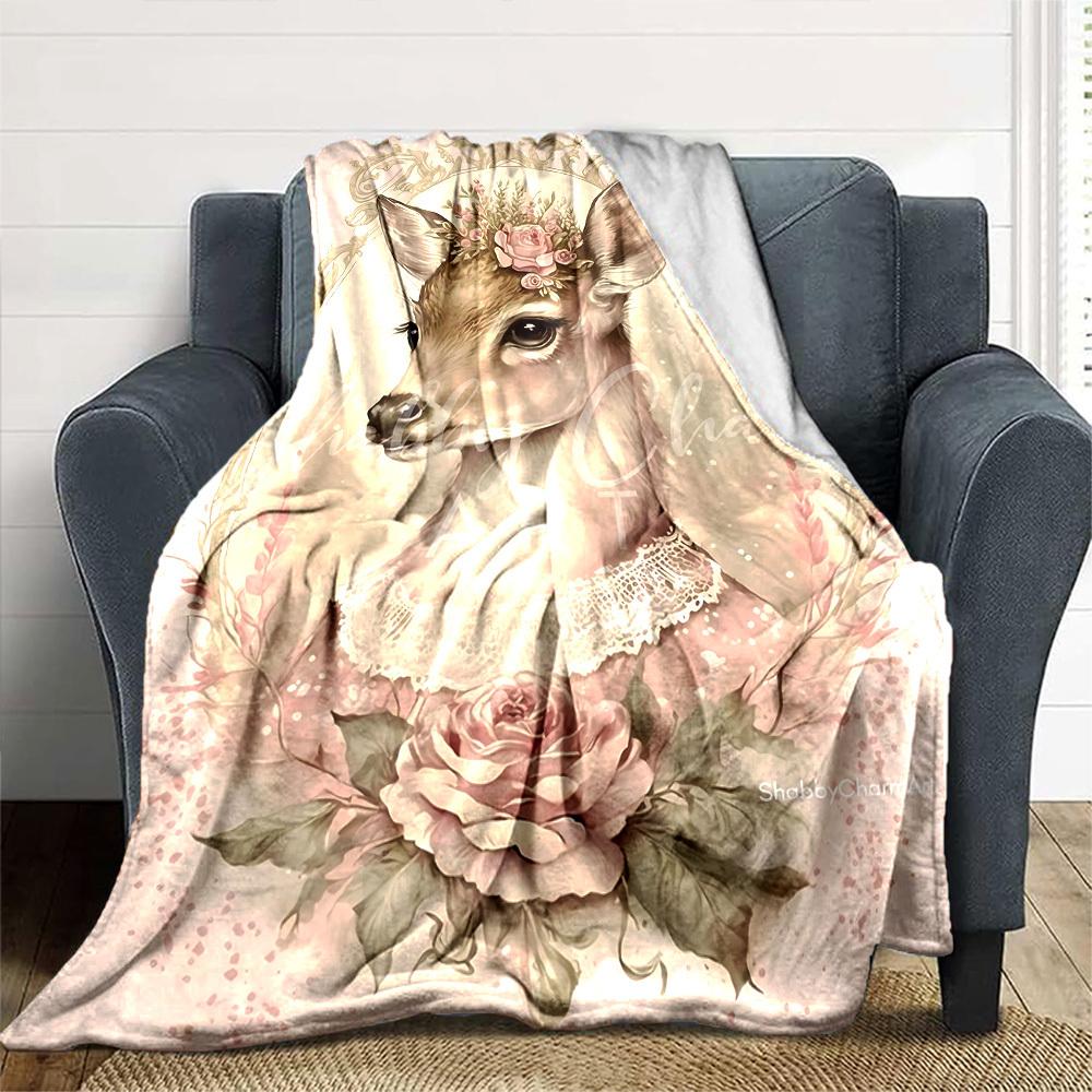 1 Stück Hirsch, Blumen Decke Leichte Flanell Überwurfdecke für Sofa Bett Reise Camping Wohnzimmer Büro Couch Stuhl