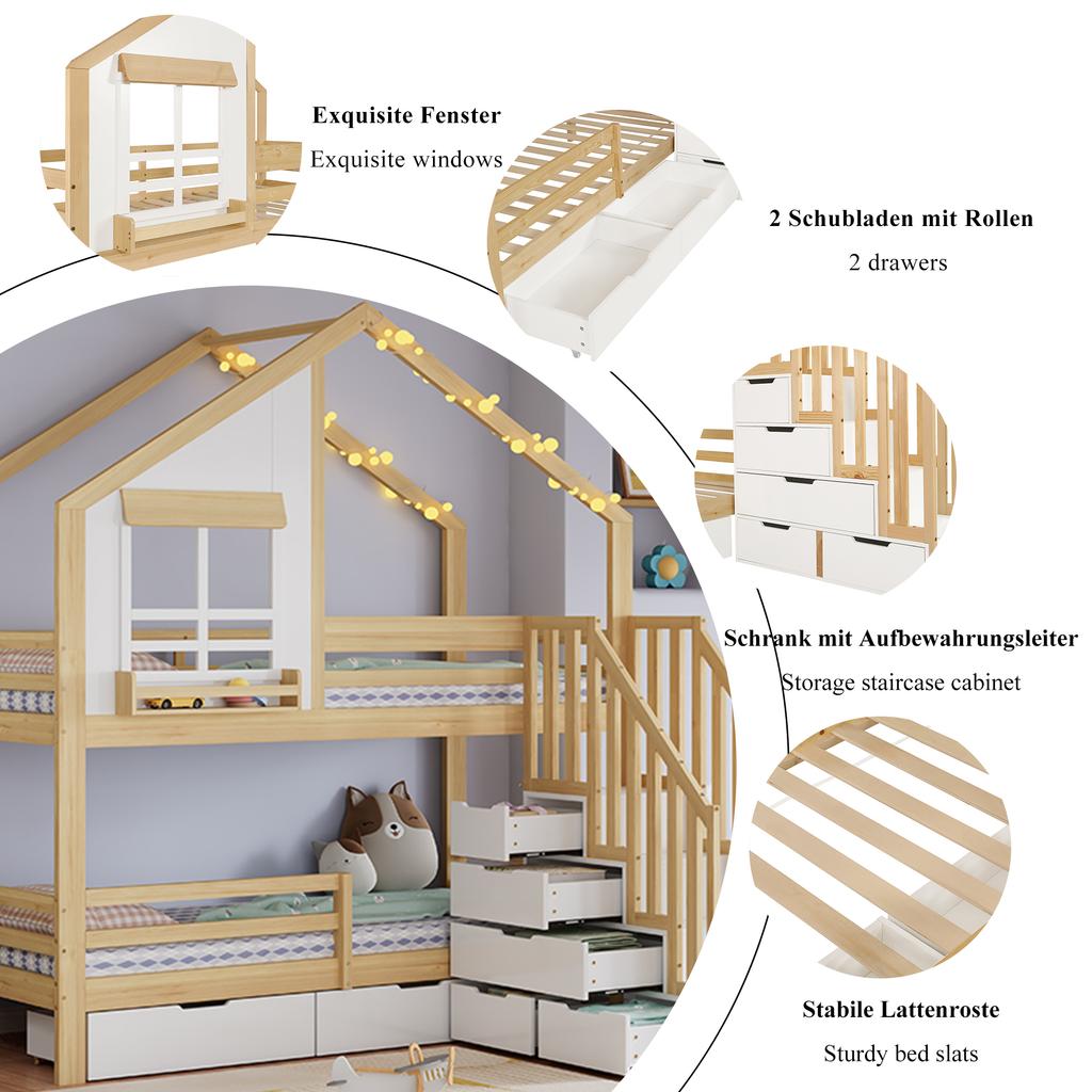 Bunk Bed, Children's Bed, Two Drawers with Rollers, Exquisite Windows, Safety Ladder with Handrails, Pine + MDF, White+Natural, 90x200cm