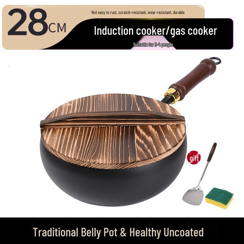 Zhangqiu Handgefertigter Antihaft-Eisen-Wok: 24CM Wok mit großem Bauch zum Pfannenrühren, für Gerichte, zum Schmoren & für Suppe.