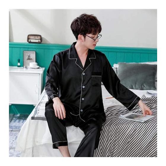 Synthetic Silk Pajamas Women's Pajamas Top and Bottom Set Long Sleeves Long Pants Pair Pajamas Autumn Room Wear Men's Loungewear Large Size Blue