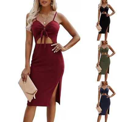 Women's Summer Fashion Color V-Neck Dress Hollow Bow Split Dress 2022