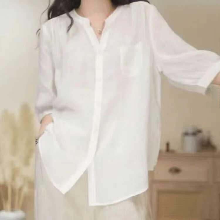 Summer Women's  Linen Shirt Loose Fit Casual Thin Shirt V-neck Button Up Versatile Slimming Top