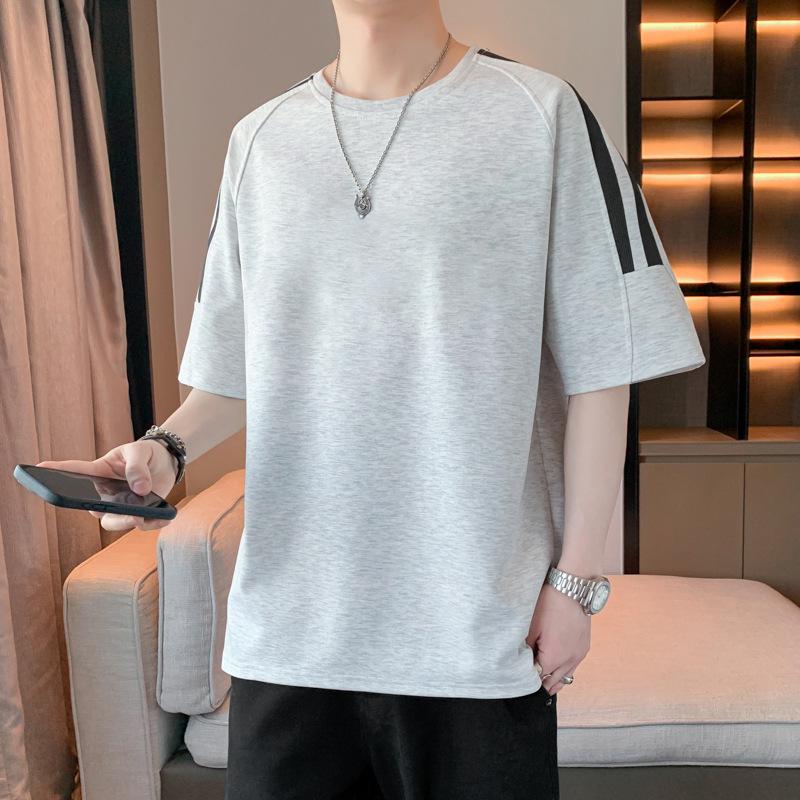 

Полосатая мужская футболка с короткими рукавами, простая и свободная футболка, плечи спущены, рукава пять с половиной, размер плюс L